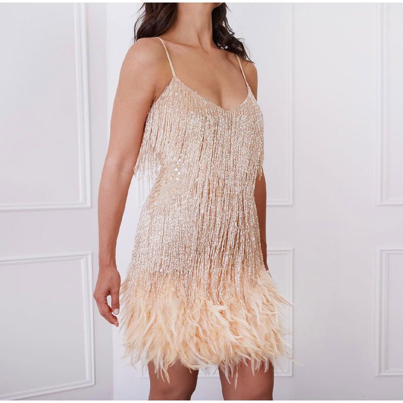 Women's Sequin Bodice Mini Dress with Feather Fringe Hem - Rose Gold