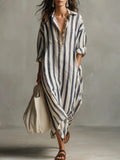 Women's Linen Shirt Dress V-Neck Striped Maxi Long Sleeve