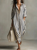 Women's Linen Shirt Dress V-Neck Striped Maxi Long Sleeve