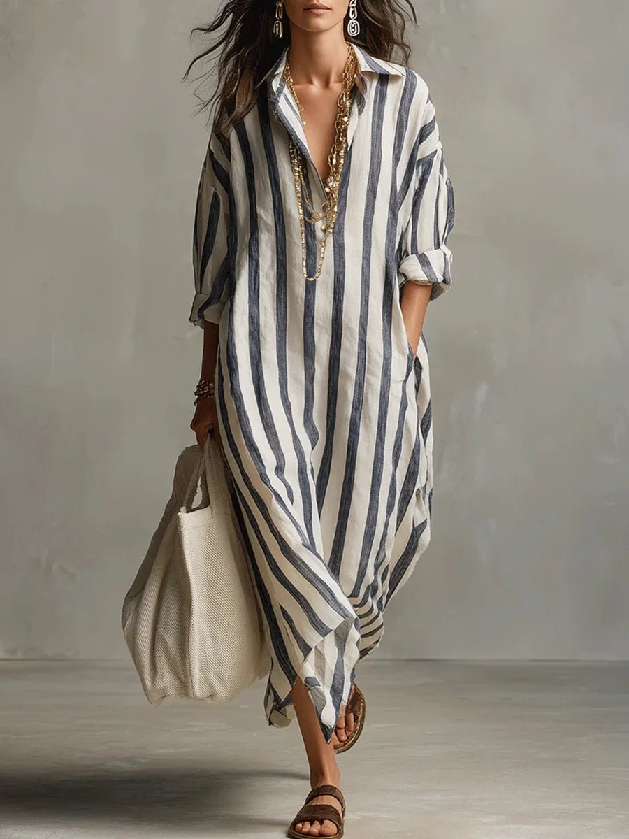 Women's Linen Shirt Dress V-Neck Striped Maxi Long Sleeve