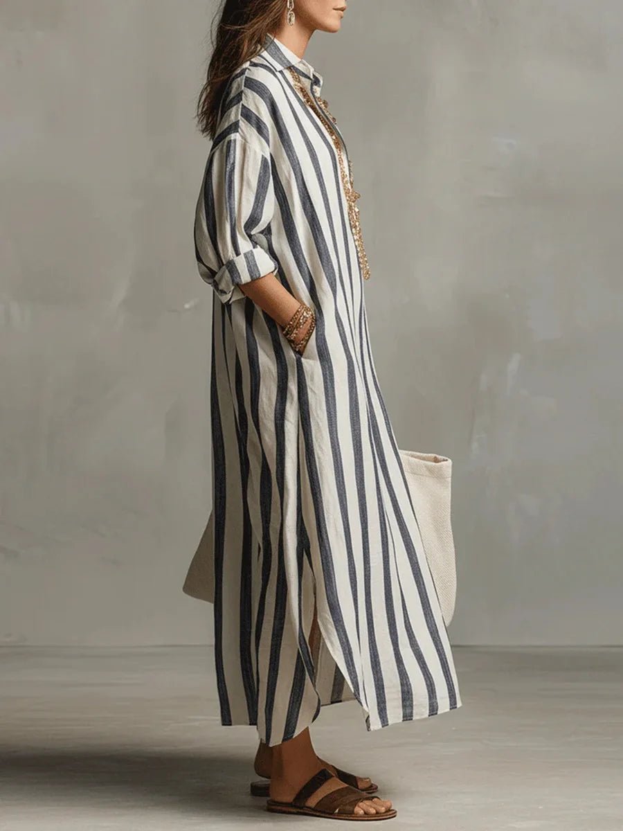 Women's Linen Shirt Dress V-Neck Striped Maxi Long Sleeve
