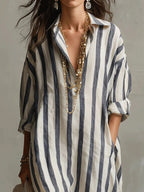 Women's Linen Shirt Dress V-Neck Striped Maxi Long Sleeve