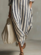 Women's Linen Shirt Dress V-Neck Striped Maxi Long Sleeve