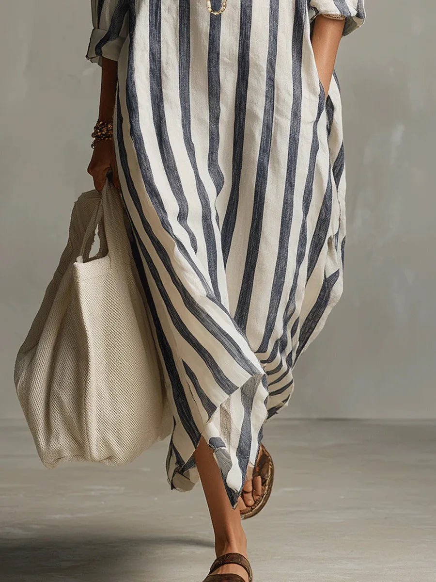 Women's Linen Shirt Dress V-Neck Striped Maxi Long Sleeve