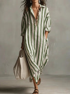 Women's Linen Shirt Dress V-Neck Striped Maxi Long Sleeve
