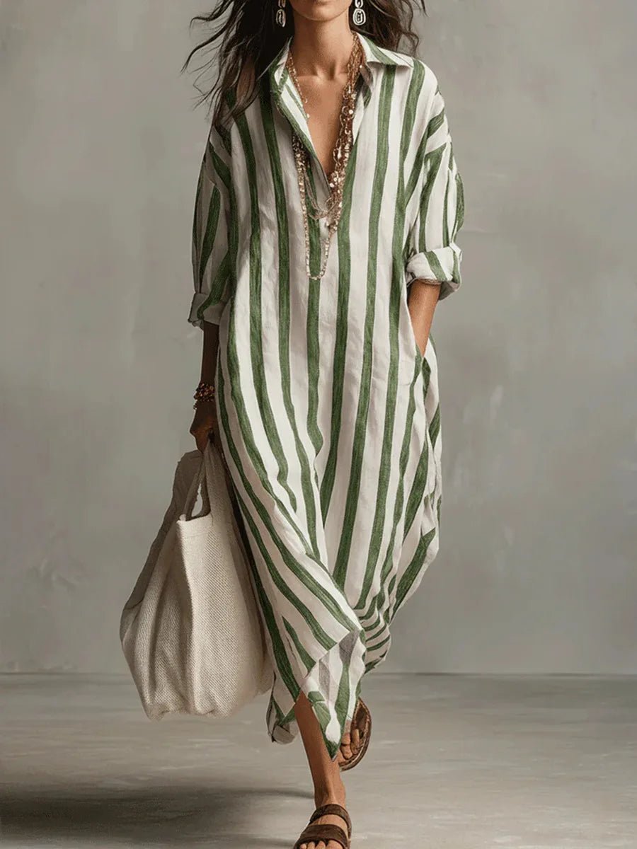 Women's Linen Shirt Dress V-Neck Striped Maxi Long Sleeve