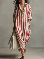 Women's Linen Shirt Dress V-Neck Striped Maxi Long Sleeve
