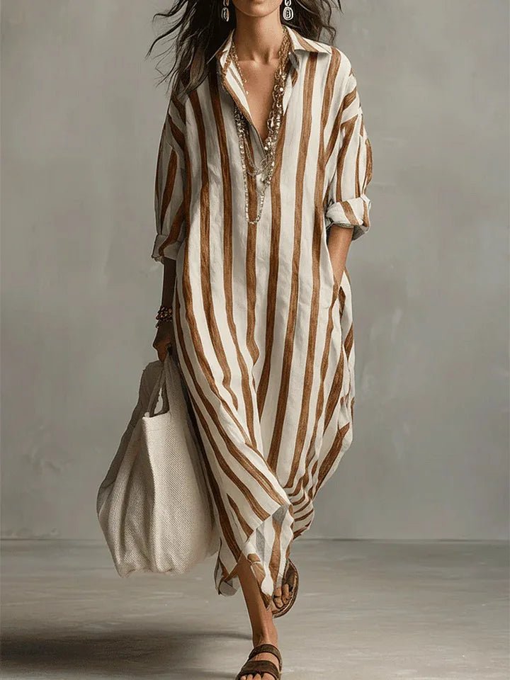 Women's Linen Shirt Dress V-Neck Striped Maxi Long Sleeve