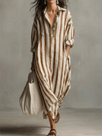 Women's Linen Shirt Dress V-Neck Striped Maxi Long Sleeve