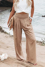 Women's Linen Wide Leg Pants High Waisted Smocked Waist
