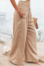 Women's Linen Wide Leg Pants High Waisted Smocked Waist