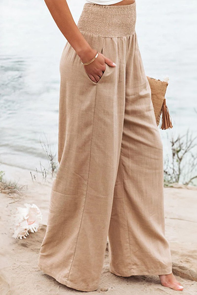 Women's Linen Wide Leg Pants High Waisted Smocked Waist