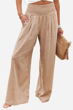 Women's Linen Wide Leg Pants High Waisted Smocked Waist