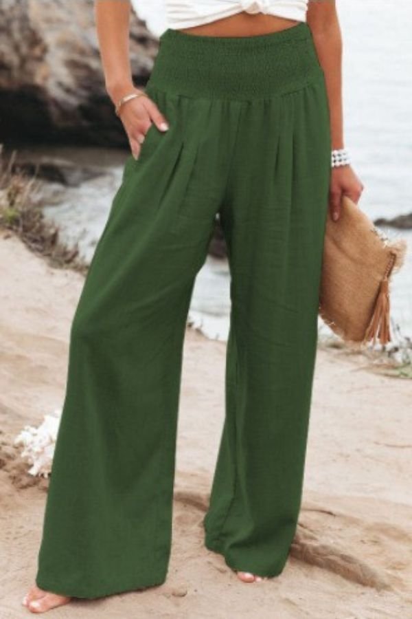 Women's Linen Wide Leg Pants High Waisted Smocked Waist