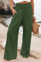 Women's Linen Wide Leg Pants High Waisted Smocked Waist