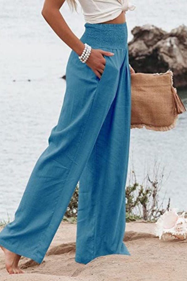 Women's Linen Wide Leg Pants High Waisted Smocked Waist