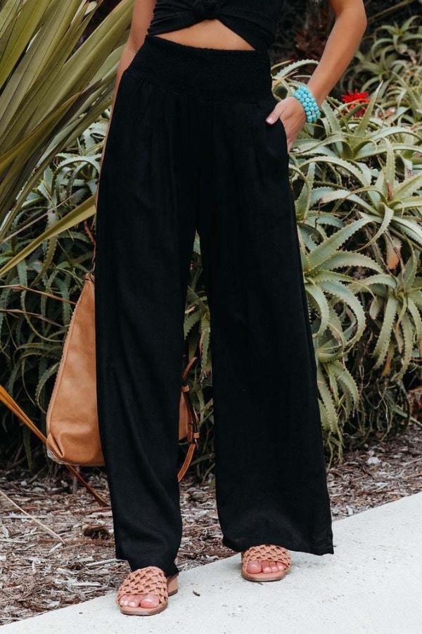 Women's Linen Wide Leg Pants High Waisted Smocked Waist