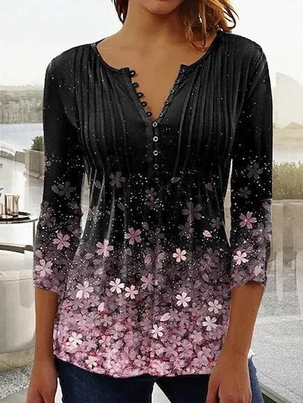 Women's Floral Long Sleeve Relaxed-Fit Henley Blouse