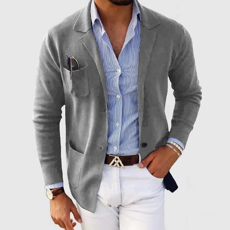 Men's Knit Lapel Jacket with Patch Pockets - Gray