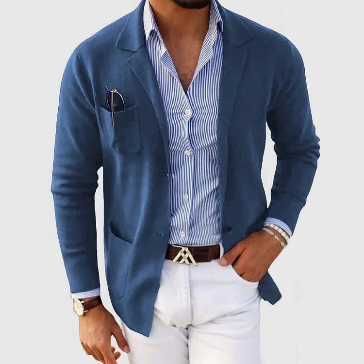Men's Knit Lapel Jacket with Patch Pockets - Dark Blue