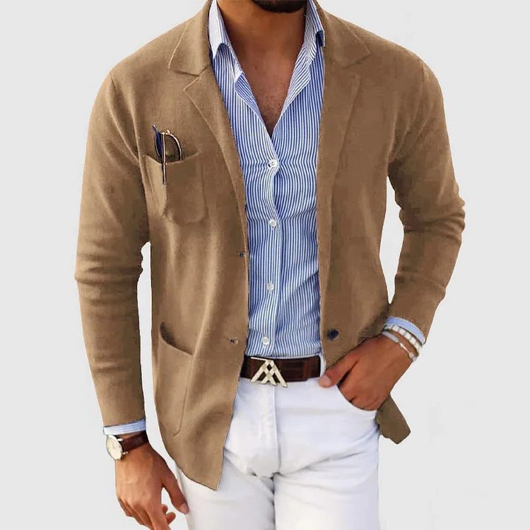 Men's Knit Lapel Jacket with Patch Pockets - Khaki