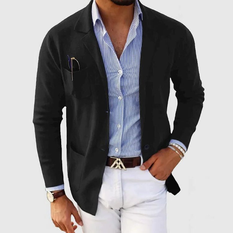 Men's Knit Lapel Jacket with Patch Pockets - Black