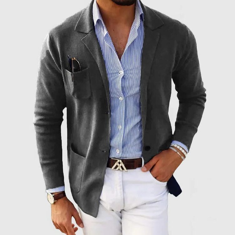 Men's Knit Lapel Jacket with Patch Pockets - Dark Gray