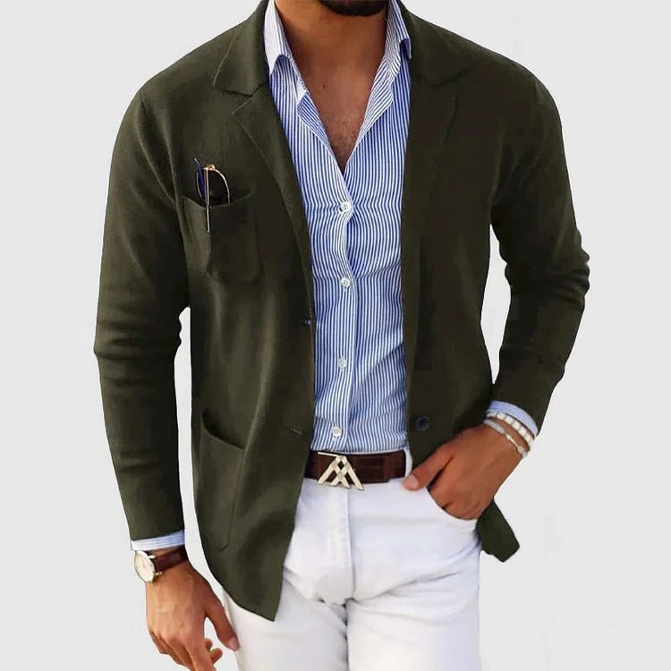 Men's Knit Lapel Jacket with Patch Pockets - Dark Green