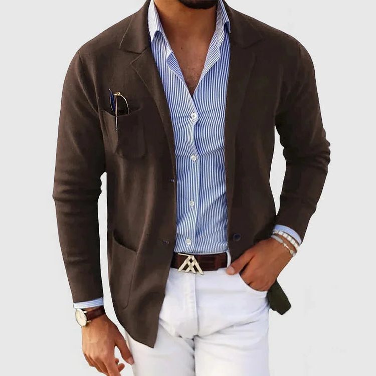 Men's Knit Lapel Jacket with Patch Pockets - Brown