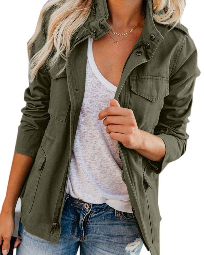 Women's Relaxed Button-Front Jacket with Stand Collar - Military Green