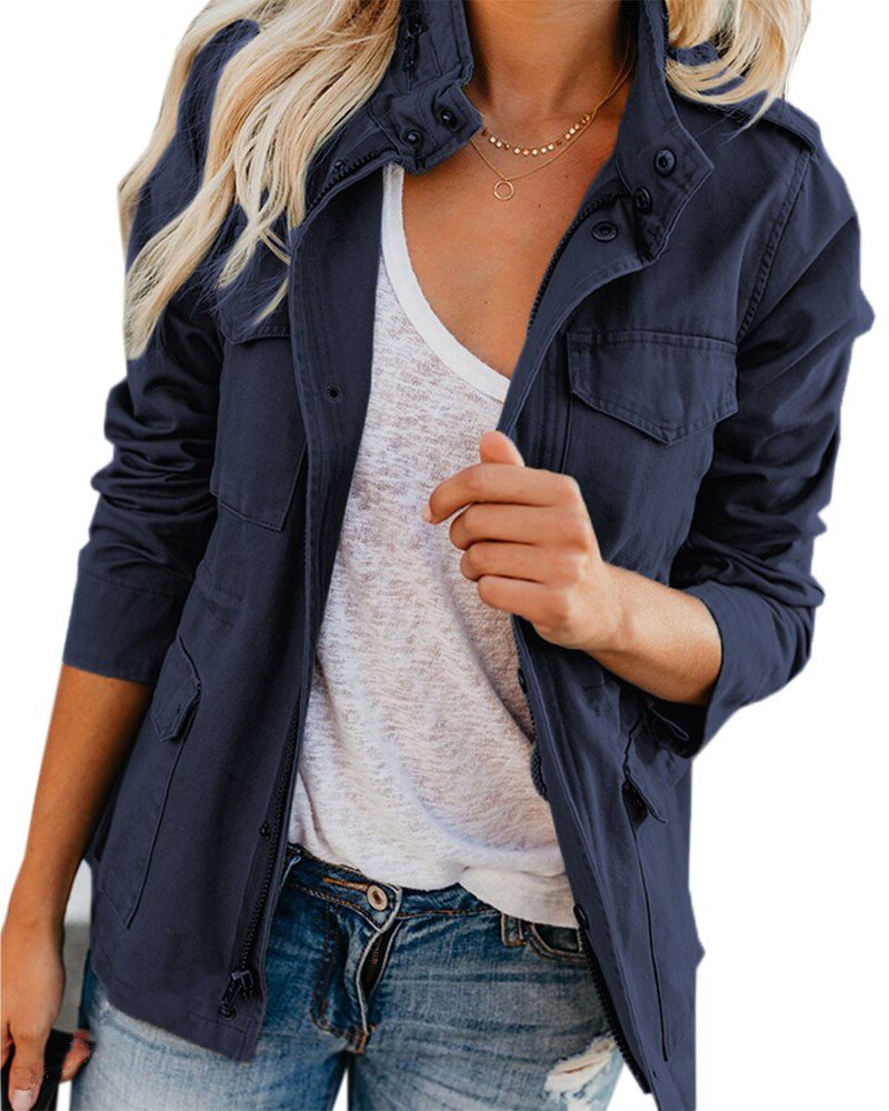 Women's Relaxed Button-Front Jacket with Stand Collar - Navy Blue