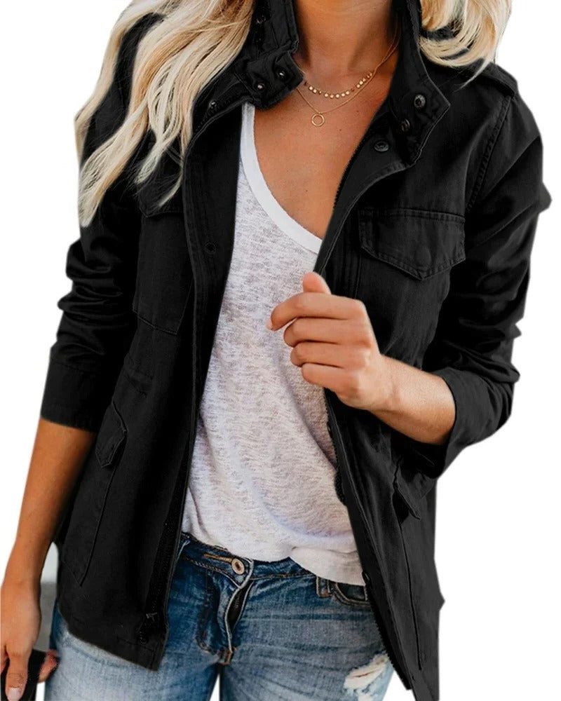 Women's Relaxed Button-Front Jacket with Stand Collar - Black