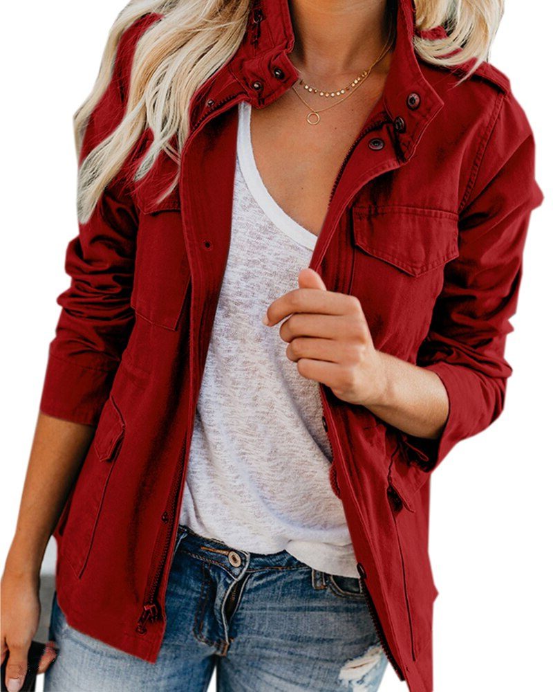 Women's Relaxed Button-Front Jacket with Stand Collar - Burgundy