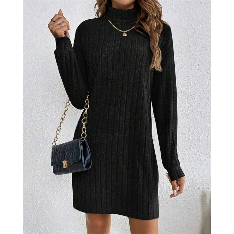 Women's Stretchy High Neck Knit Dress - Black
