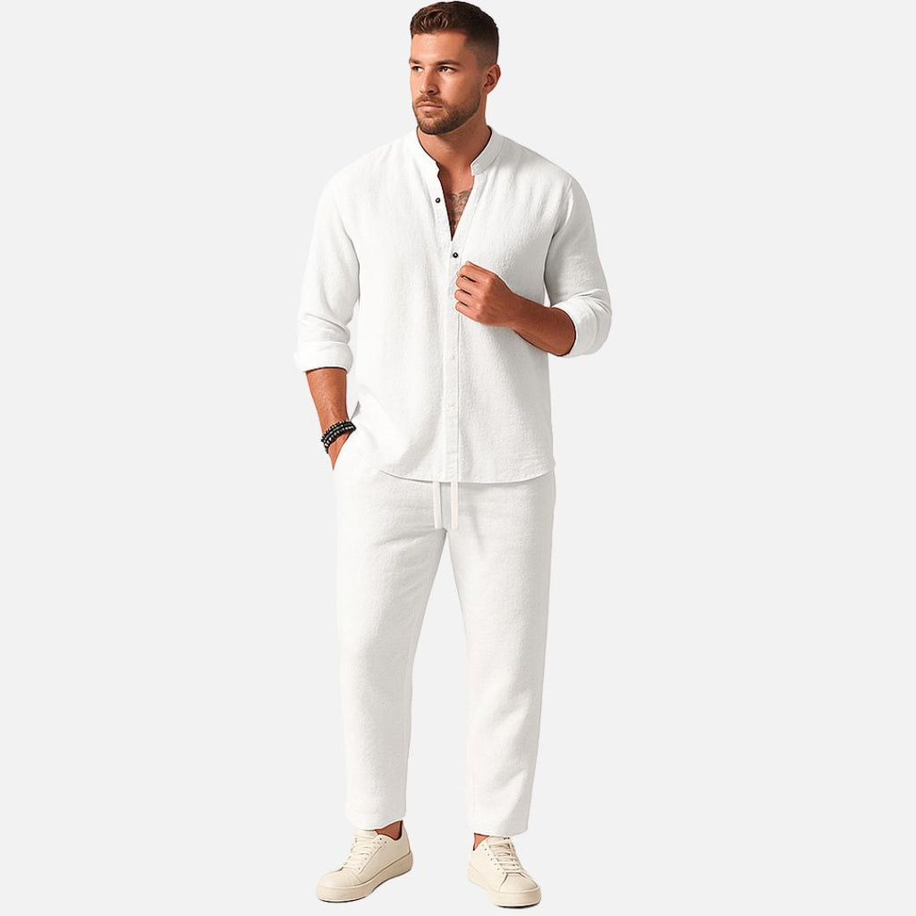Men's Band Collar Relaxed Shirt Trousers Two Piece Set