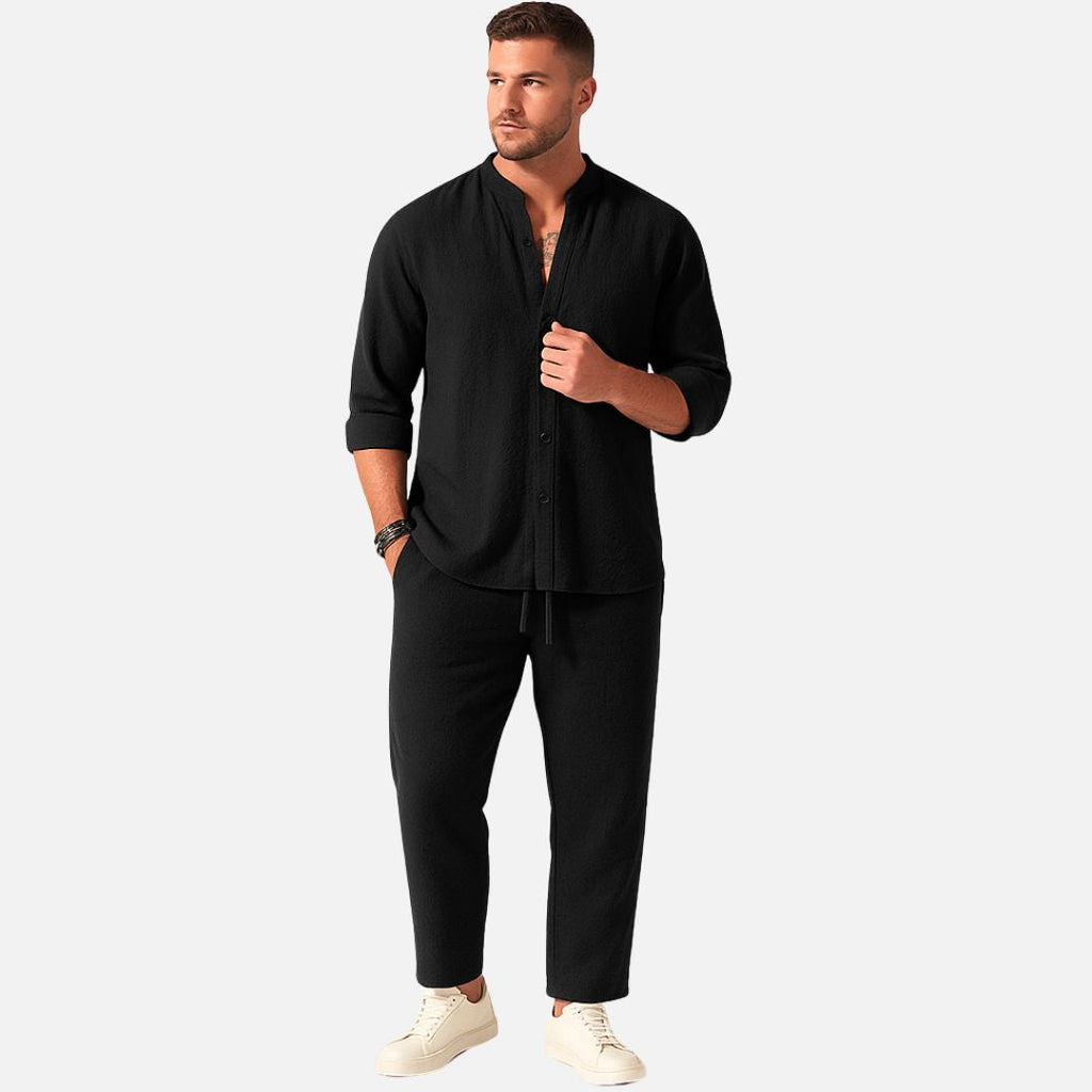 Men's Band Collar Relaxed Shirt Trousers Two Piece Set