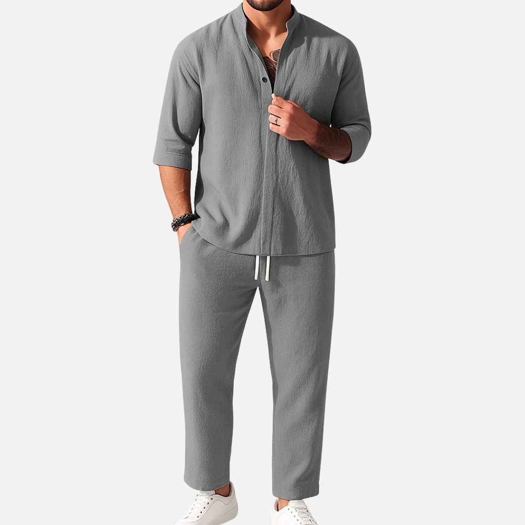 Men's Band Collar Relaxed Shirt Trousers Two Piece Set