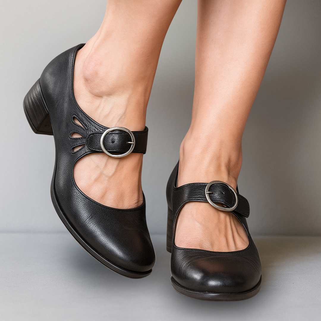 Women's Leather Ankle Strap Pumps with Rounded Toe - Black