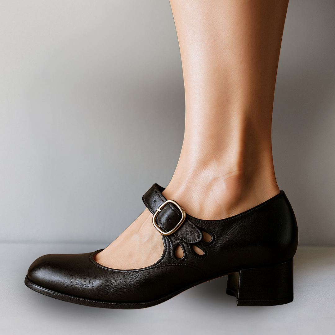 Women's Leather Ankle Strap Pumps with Rounded Toe