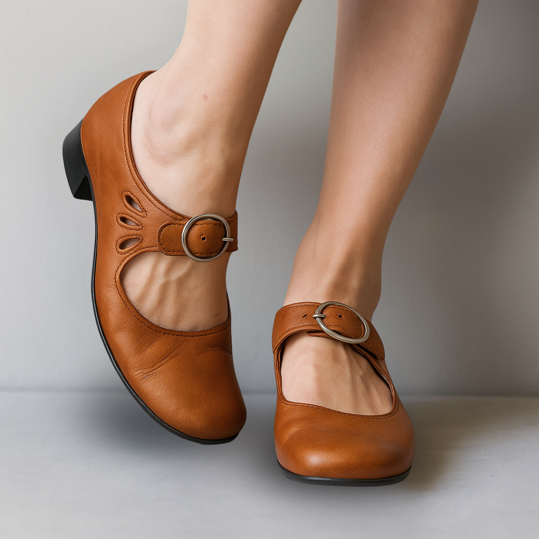 Women's Leather Ankle Strap Pumps with Rounded Toe - Brown