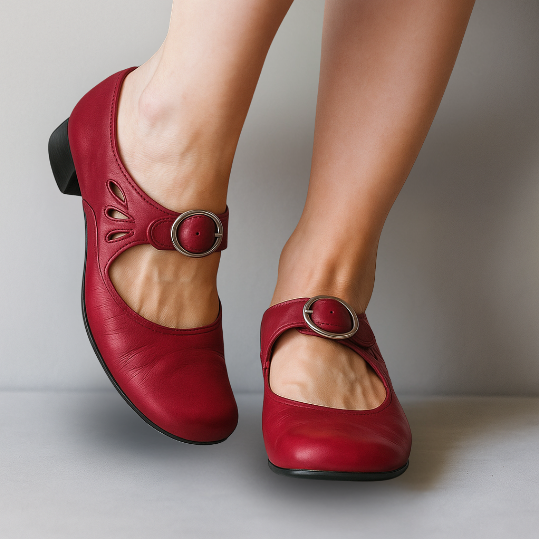 Women's Leather Ankle Strap Pumps with Rounded Toe - Red