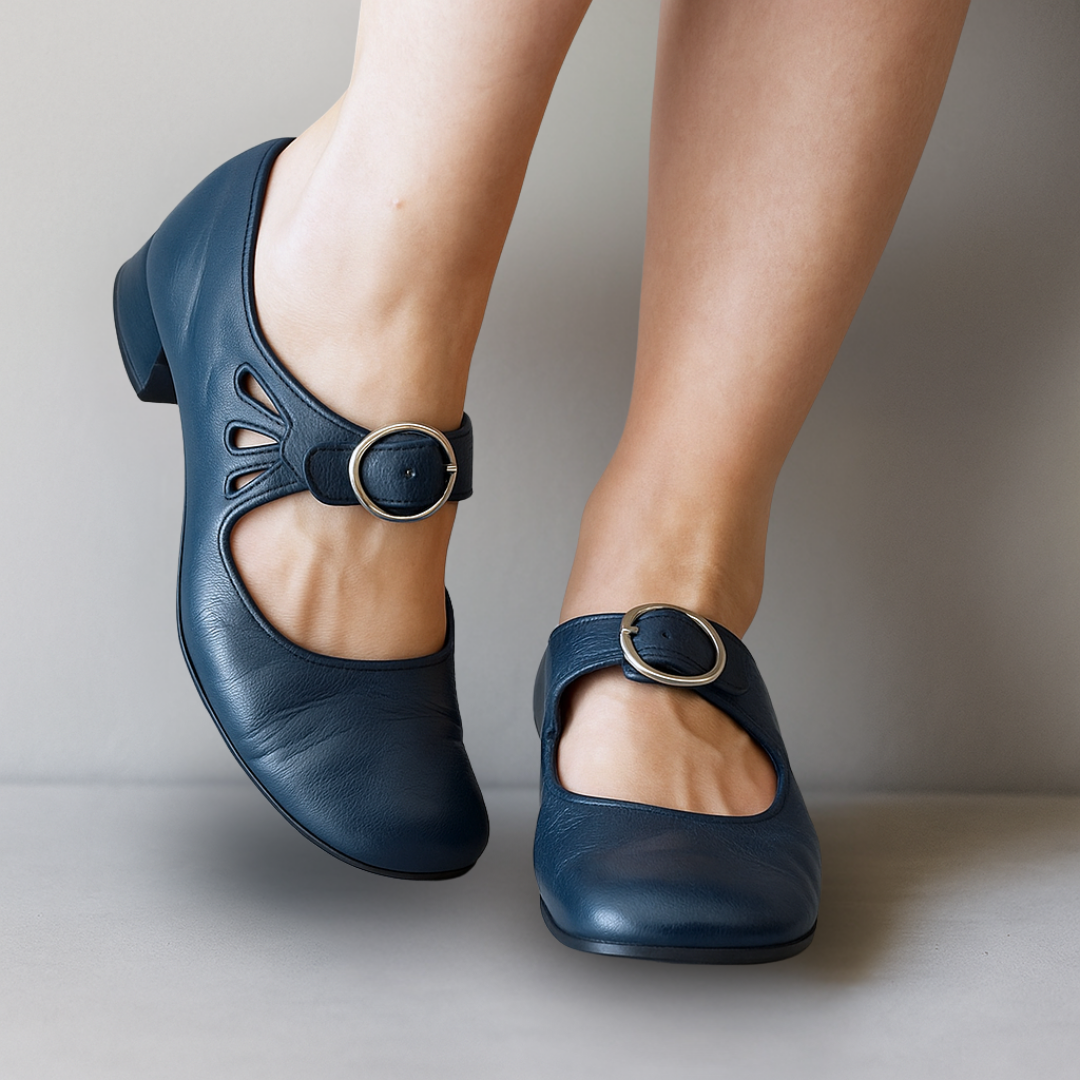 Women's Leather Ankle Strap Pumps with Rounded Toe - Blue