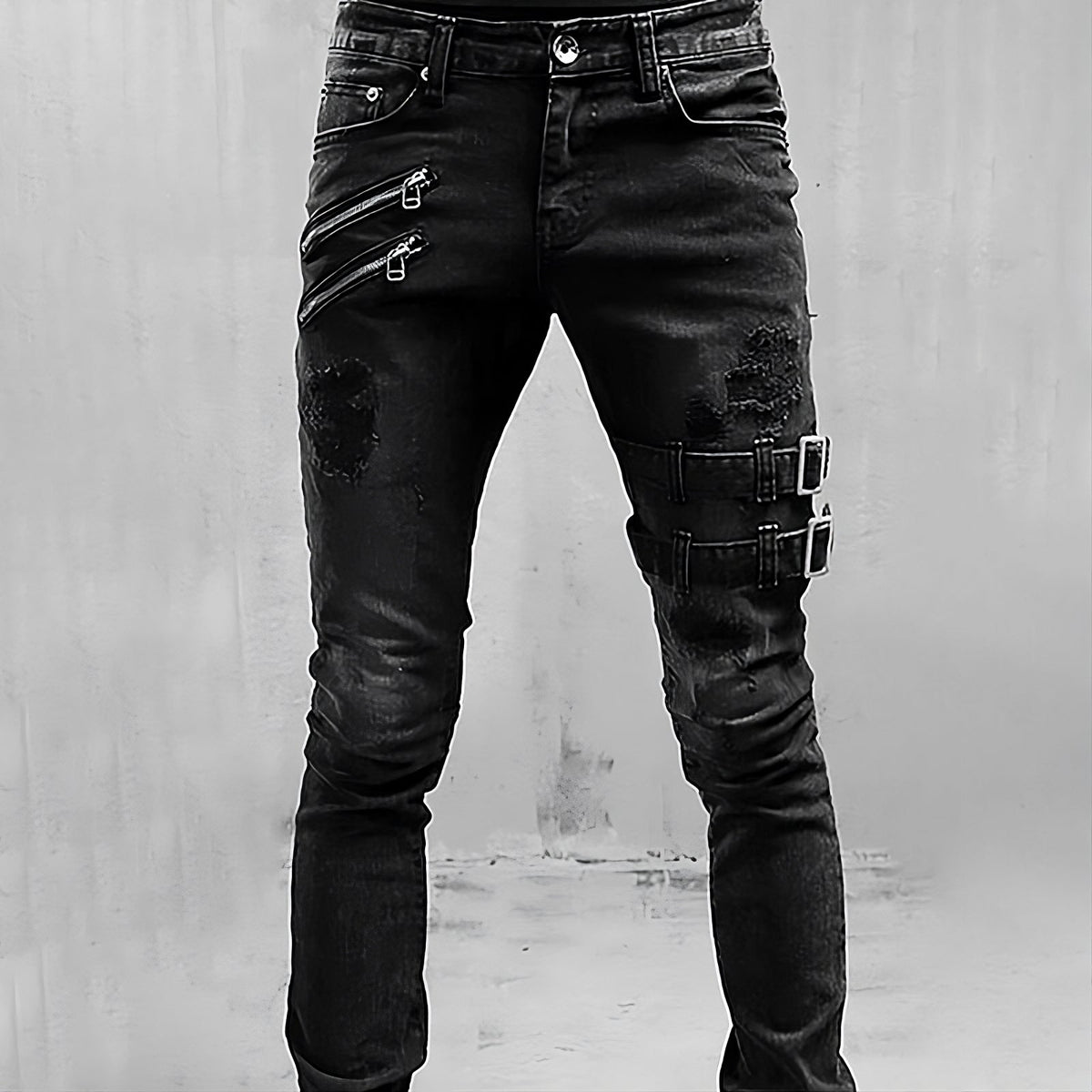 Men's Streetwear Stretch Jeans with Strap Accents - Black