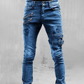 Men's Streetwear Stretch Jeans with Strap Accents - Blue