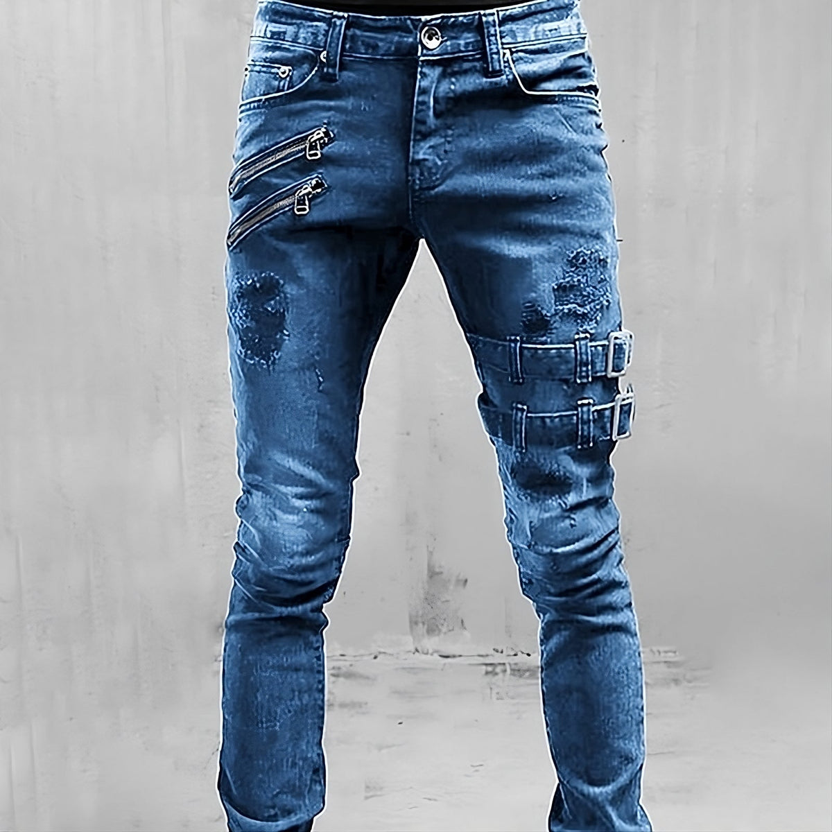 Men's Streetwear Stretch Jeans with Strap Accents - Blue