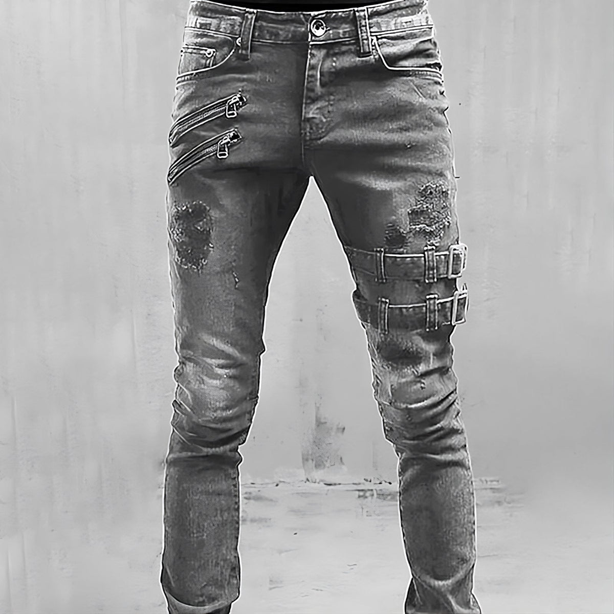 Men's Streetwear Stretch Jeans with Strap Accents - Gray