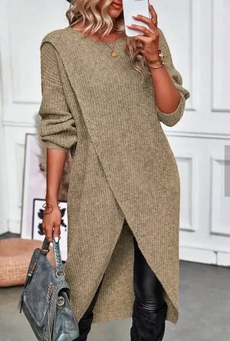 Women's Thigh-Length Ribbed Duster Cardigan - Khaki