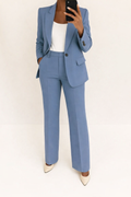 Women's Office-Ready Wide-Leg Pantsuit with Tailored Blazer - Blue