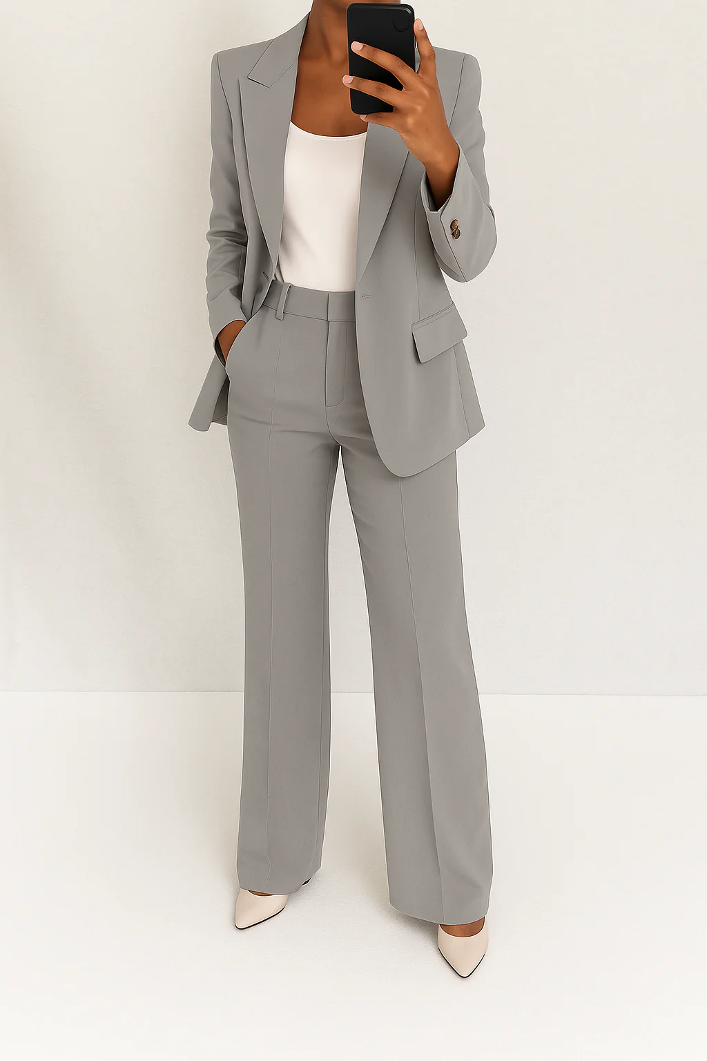 Women's Office-Ready Wide-Leg Pantsuit with Tailored Blazer - Gray