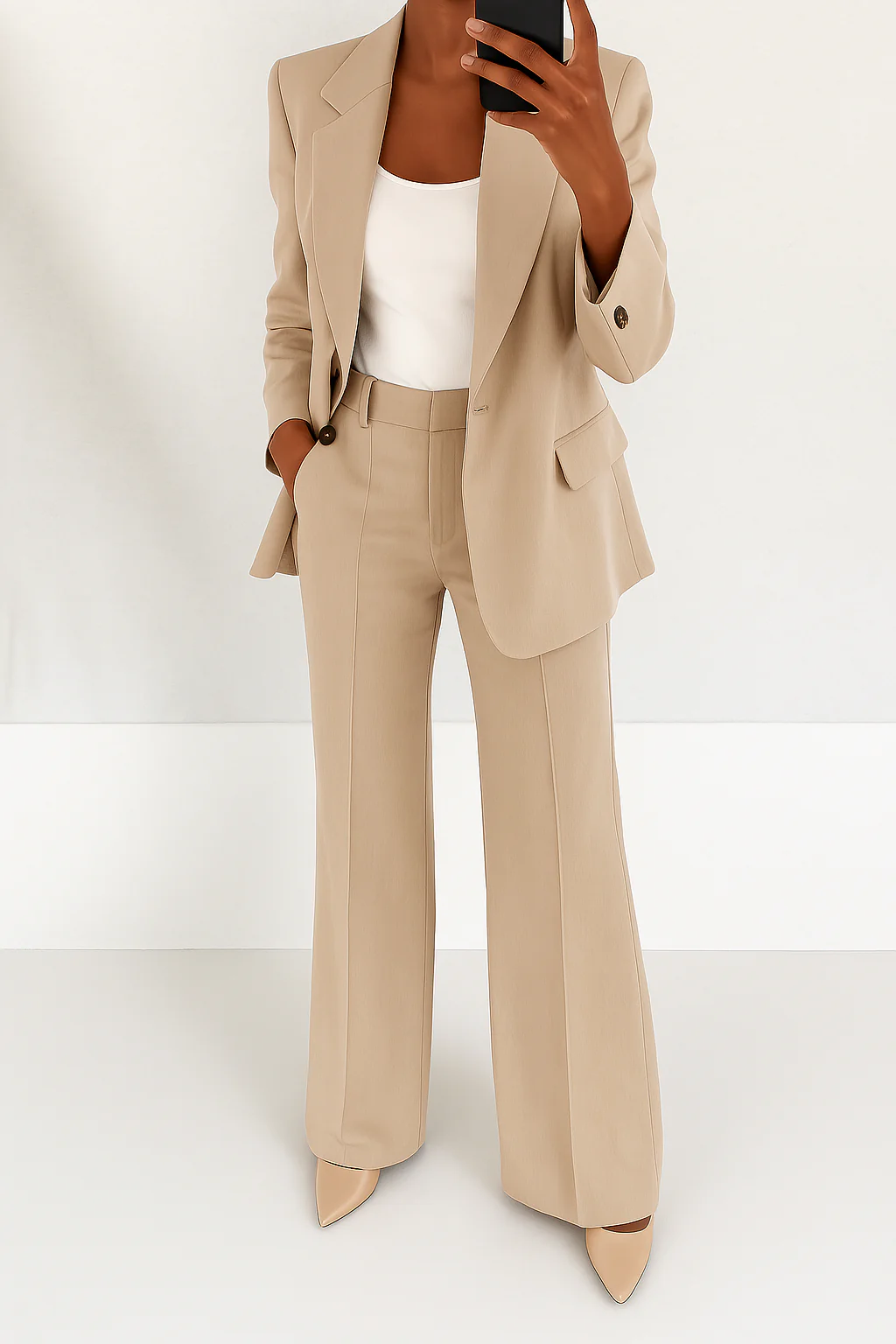 Women's Office-Ready Wide-Leg Pantsuit with Tailored Blazer - Beige